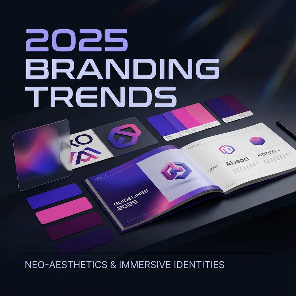 Modern branding elements with color palettes and typography on dark background